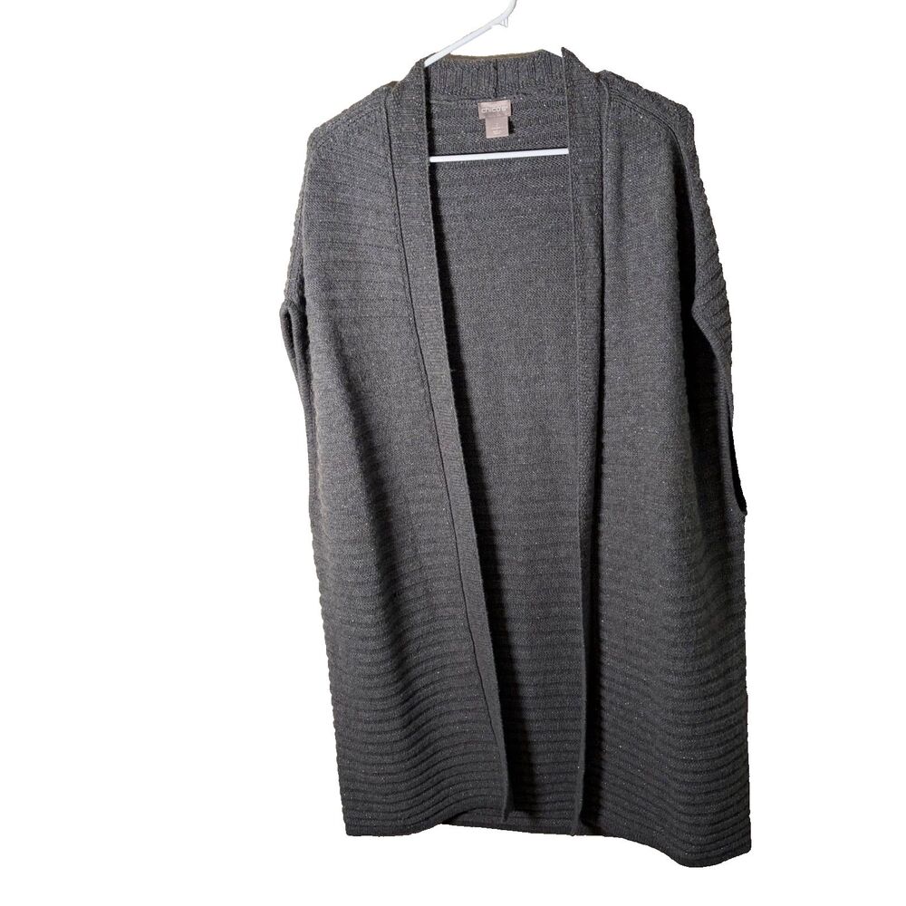 Chico's Sweater Women's 2 Gray Metallic Duster Ribbed Knit Large Duster Long